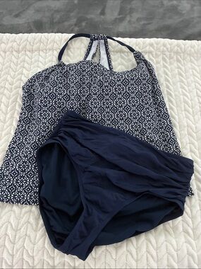 Navy Blue Two-Piece Tankini Set - Printed Top & Solid Bottom